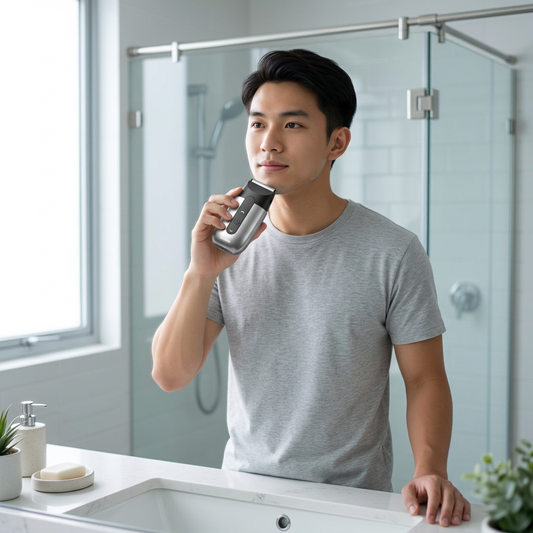 back to uni grooming kit singapore, a university-age man using a silver Blubird Hummingbird face shaver in a bright Singapore bathroom