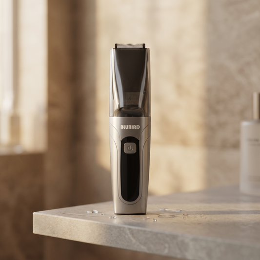best ball trimmer Singapore, a Blubird Suckaa silver vacuum below-the-belt trimmer on a clean warm-lit bathroom shelf