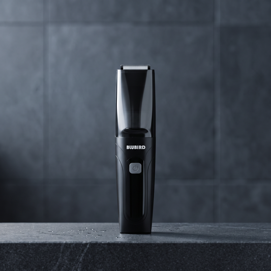 best body groomer Malaysia, a glossy black Blubird Suckaa below-the-belt trimmer standing upright on a dark stone bathroom ledge in cool daylight, BLUBIRD wordmark visible on the front of the body