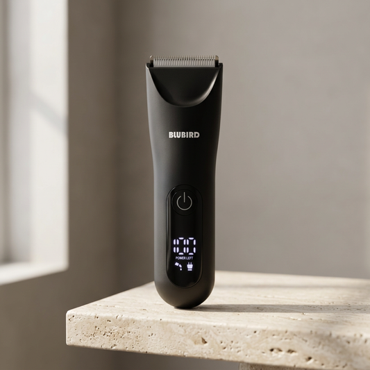 budget body trimmer Singapore under $50, the Blubird Trim Reaper standing on a warm-lit bathroom shelf