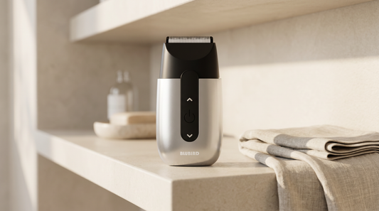 best electric shaver for sensitive skin Singapore, the Blubird Hummingbird on a warm-lit bathroom shelf