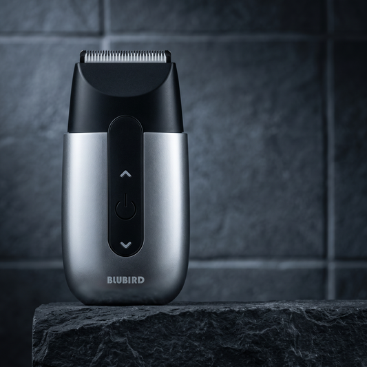 best electric shaver Malaysia, the Blubird Hummingbird on a dark stone bathroom ledge