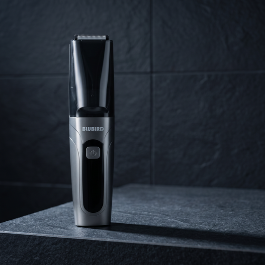 best pubic hair trimmer Malaysia, the Blubird Suckaa vacuum trimmer on a dark stone bathroom ledge