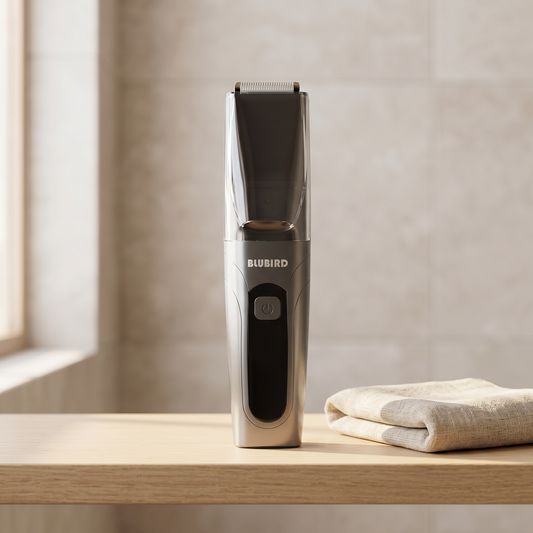 best pubic hair trimmer Singapore, the Blubird Suckaa vacuum trimmer on a warm-lit bathroom shelf