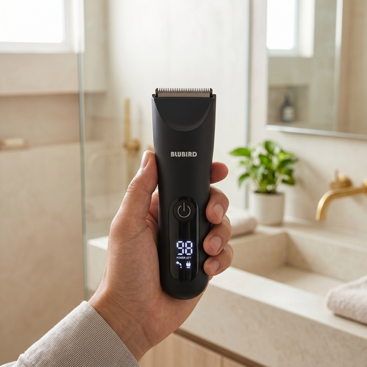 best body groomer for men in Singapore, a matte black Blubird Trim Reaper body trimmer held in one hand in a bright modern bathroom, BLUBIRD wordmark visible on the body
