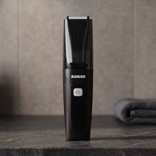 Blubird Suckaa review, the S$98 vacuum-powered below-the-belt trimmer upright on a dark stone bathroom counter