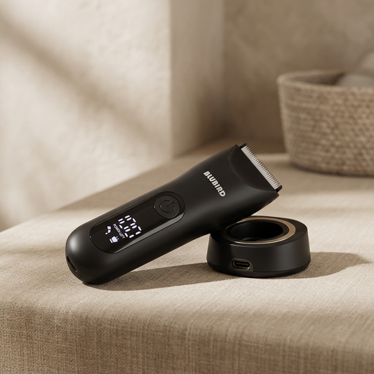 Blubird Trim Reaper trimmer with charging dock on a warm-neutral countertop, BLUBIRD wordmark visible on the device body