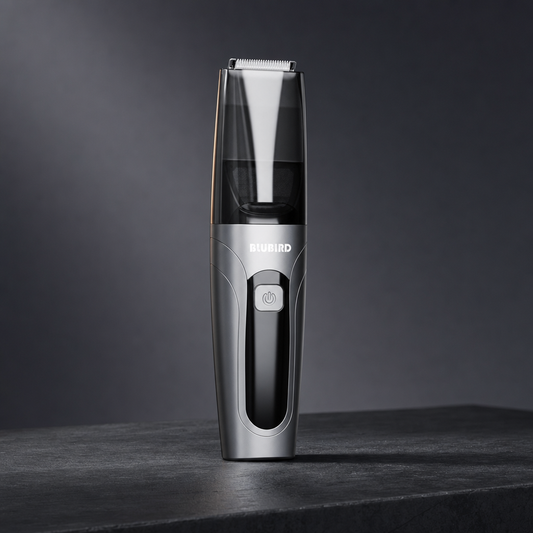 Blubird vs Manscaped, the Suckaa trimmer on a dark slate studio surface, BLUBIRD wordmark visible on the product body