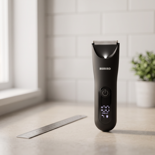 A matte black Blubird Trim Reaper body trimmer standing upright on a light stone bathroom counter next to a slim steel ruler, soft daylight, BLUBIRD wordmark visible on the front of the body