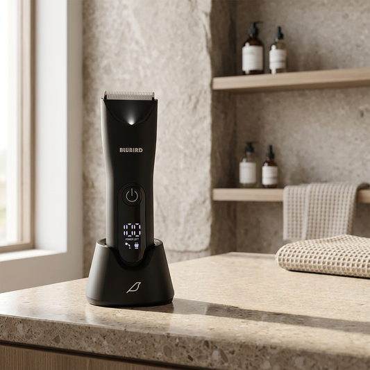Black Blubird Trim Reaper body trimmer seated in its charging dock on a warm-neutral Singapore bathroom counter