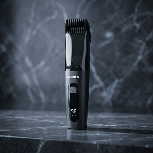 The Suckaa, a vacuum-powered below-the-belt trimmer, photographed on a dark marble bathroom counter