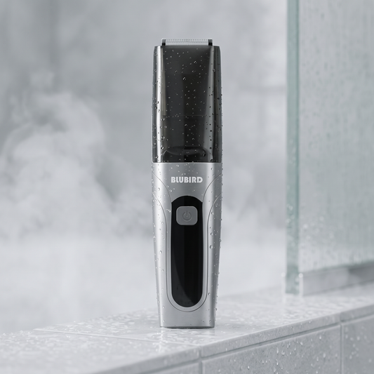 can you trim pubic hair in the shower, a silver Blubird body trimmer resting on the tiled ledge of a wet Singapore shower with water droplets on the tiles