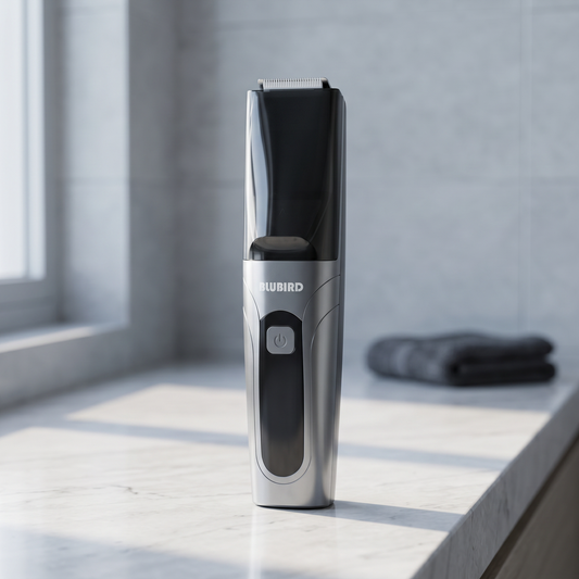 does trimming pubic hair make it grow back thicker, a silver Blubird Suckaa trimmer standing on a marble bathroom counter in cool morning light