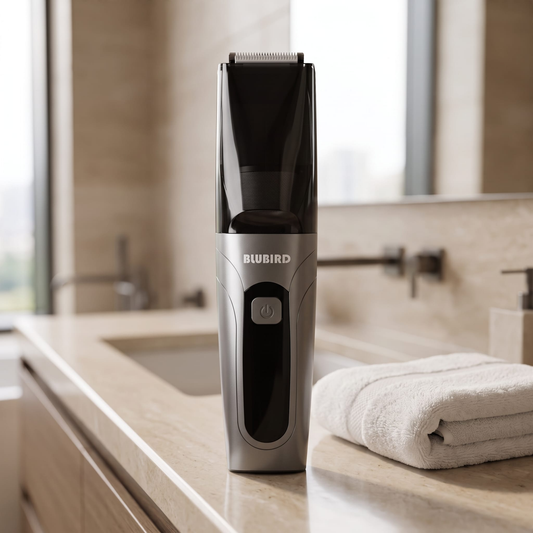 does trimming pubic hair reduce sweat, a Blubird Suckaa silver vacuum below-the-belt trimmer standing on a clean bright bathroom shelf with the BLUBIRD wordmark on the body