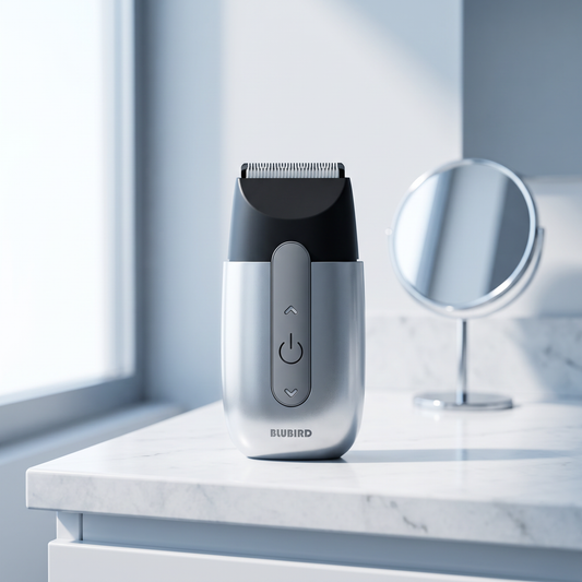 A cool chrome silver Blubird Hummingbird electric shaver standing upright on a white bathroom counter beside a small mirror in soft morning light, BLUBIRD wordmark visible on the front of the body
