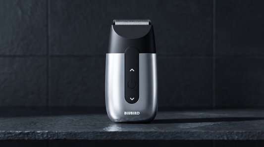 A Blubird Hummingbird electric shaver standing upright on a dark slate bathroom shelf in cool morning light, BLUBIRD wordmark visible on the front of the product body