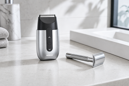 electric shaver vs manual razor, a silver Blubird electric shaver and a manual safety razor laid side by side on a bright Singapore bathroom counter