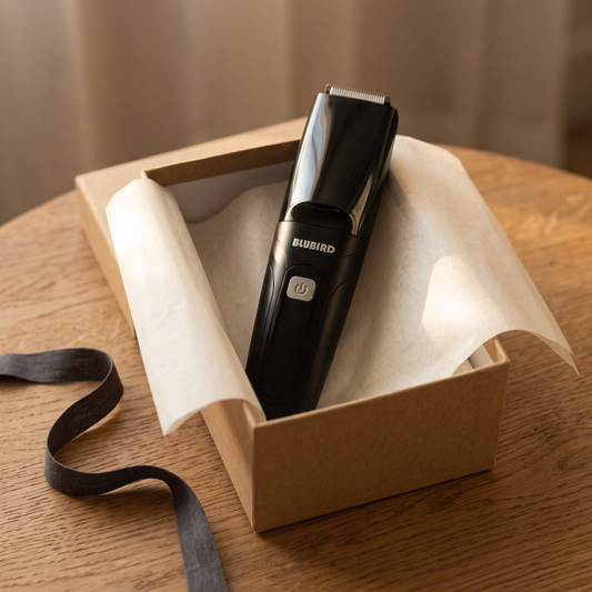 gifts for men in Singapore, a glossy black Blubird Suckaa trimmer resting in an open kraft gift box lined with tissue paper on an oak table
