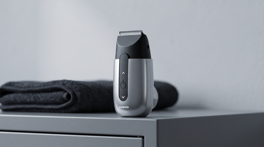 A Blubird Hummingbird 2-in-1 shaver standing upright on the edge of a grey steel locker shelf in cool morning light, BLUBIRD wordmark visible on the front of the silver body