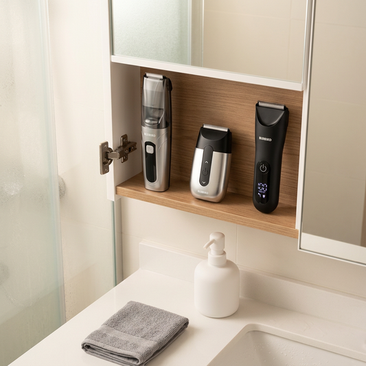 HDB bathroom men grooming setup, BLUBIRD wordmark on a compact under-mirror counter in a Singapore HDB bathroom