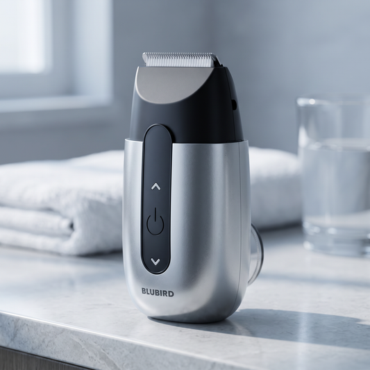 A cool chrome silver Blubird Hummingbird electric shaver standing upright on a pale stone bathroom counter in early morning light beside a folded white towel, BLUBIRD wordmark visible on the front of the body