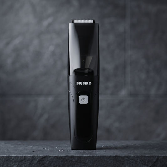 how often should you trim pubic hair, a Blubird Suckaa black vacuum below-the-belt trimmer standing upright on a stone bathroom shelf