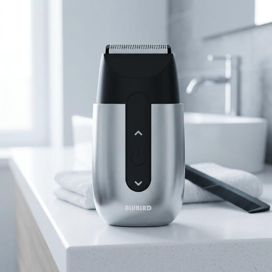 the silver Blubird Hummingbird shaver standing on a bright bathroom counter beside a comb and a folded towel, morning light through a window
