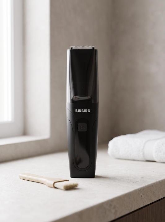 A matte black Blubird Suckaa body trimmer standing upright on a pale limestone bathroom counter beside a small soft-bristle cleaning brush in cool morning light, BLUBIRD wordmark visible on the front of the body