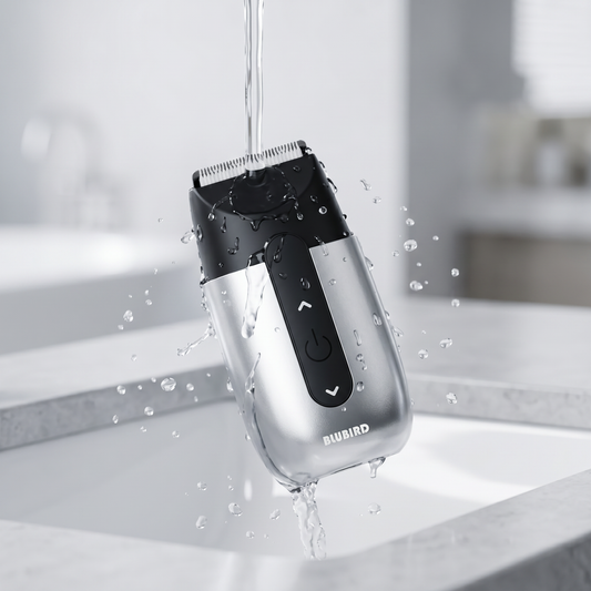 how to clean an electric shaver, the Blubird Hummingbird shaver being rinsed under a stream of clean water over a bright Singapore bathroom sink
