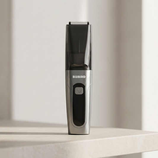 how to manscape, a Blubird Suckaa vacuum below-the-belt trimmer on a clean warm-lit bathroom shelf