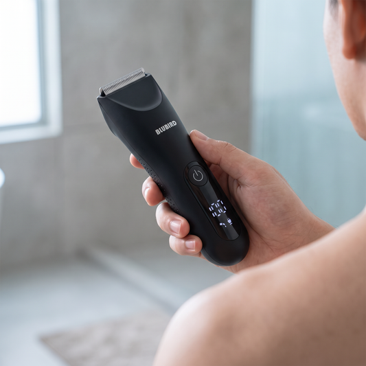 how to remove back and shoulder hair yourself in Singapore, a matte black Blubird Trim Reaper body trimmer held over one shoulder in a bright modern bathroom, BLUBIRD wordmark visible on the body