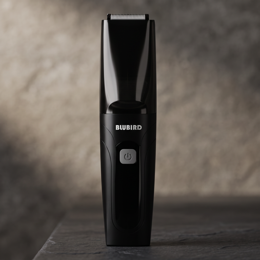how to shave your balls without cutting yourself, a Blubird Suckaa glossy black vacuum below-the-belt trimmer standing on a clean bathroom shelf