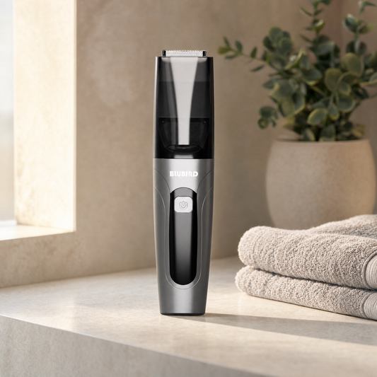 how to stop pubic hair itch, a Blubird Suckaa vacuum trimmer on a clean warm-lit bathroom shelf