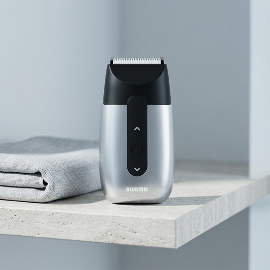 how to stop razor burn shaving your face, the Blubird Hummingbird single-head rotary shaver resting on a bright bathroom shelf in Singapore