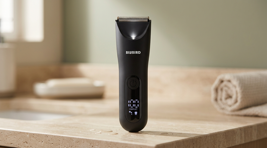 how to trim groin without nicking, the matte black Blubird Trim Reaper standing on a clean bathroom counter in soft morning light