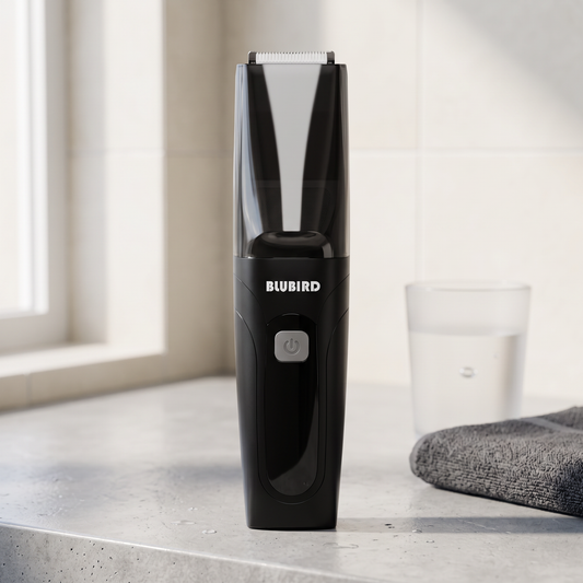 A calm, well lit bathroom counter with a Blubird trimmer set down beside a folded towel