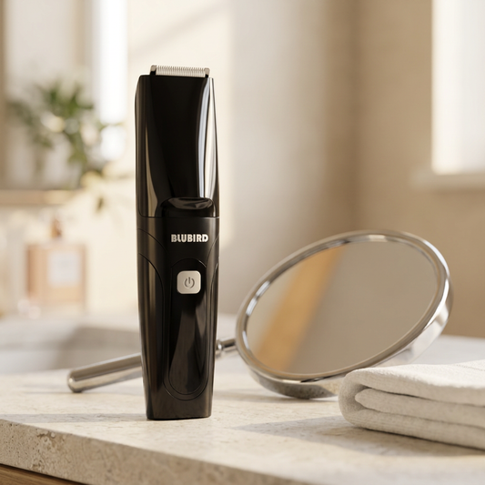 a glossy black Blubird Suckaa trimmer standing upright on a pale stone bathroom vanity beside a round handheld mirror and a folded white towel