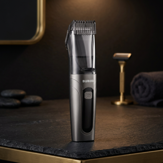 how to trim pubic hair without mess, The Suckaa vacuum trimmer on a dark slate bathroom counter in soft warm lighting