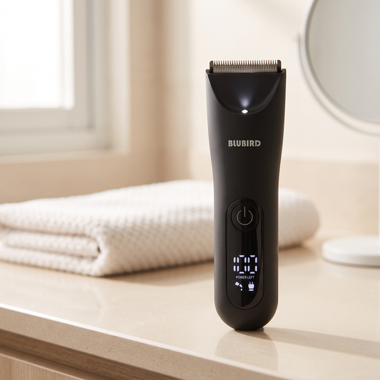 A matte black Blubird Trim Reaper body trimmer standing on a bright Singapore bathroom counter in morning light, BLUBIRD wordmark visible on the front of the product body
