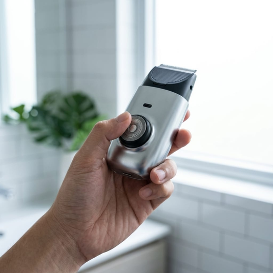 how long do electric shavers last, a Singapore man holding a silver Blubird electric shaver up to the light to inspect the rotary head for wear in a bright bathroom