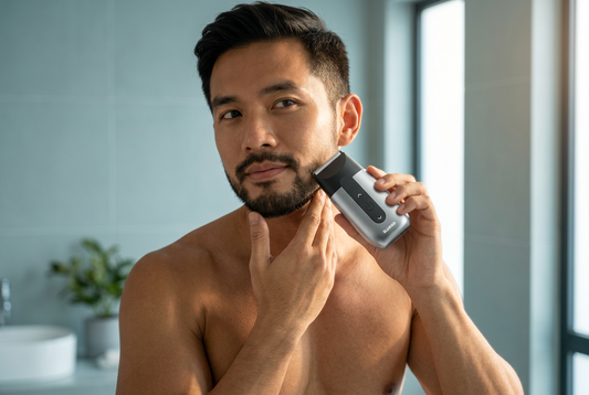 how to get a closer shave with an electric shaver, a Singapore man holding his skin taut and passing a silver Blubird Hummingbird shaver along his jaw in a bright bathroom