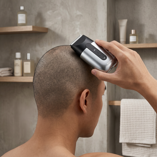 how to shave your head with an electric shaver, a Singapore man running a silver Blubird electric shaver over his closely shaved scalp in a bright bathroom