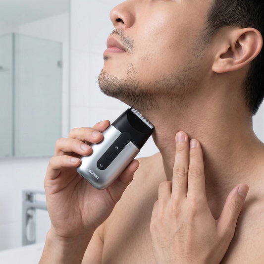 how to shave your neck with an electric shaver, a Singapore man tilting his chin up and stretching his neck skin taut while passing a silver Blubird Hummingbird shaver along it in a bright bathroom
