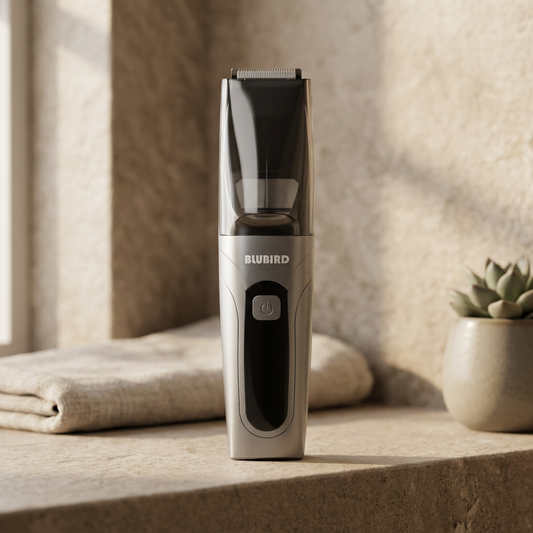 is it more hygienic to trim or shave pubic hair, a Blubird Suckaa silver vacuum below-the-belt trimmer on a clean warm-lit bathroom shelf