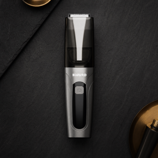 Manscaped vs Meridian alternative, Blubird The Suckaa vacuum trimmer on a dark slate countertop