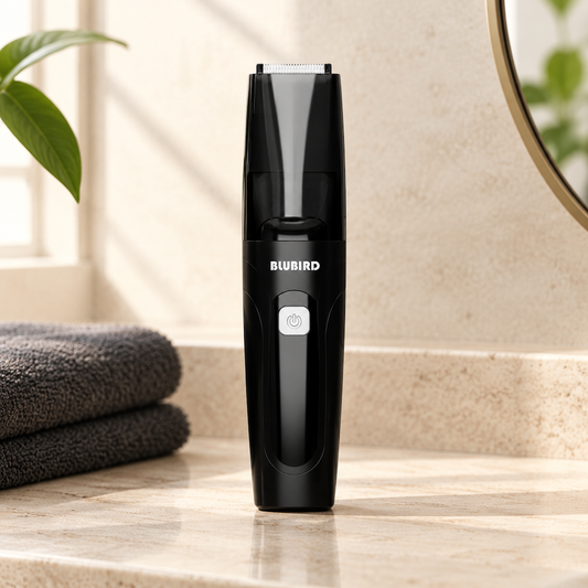 a glossy black Blubird Suckaa trimmer standing upright on a pale stone bathroom vanity beside a folded charcoal towel in soft morning light