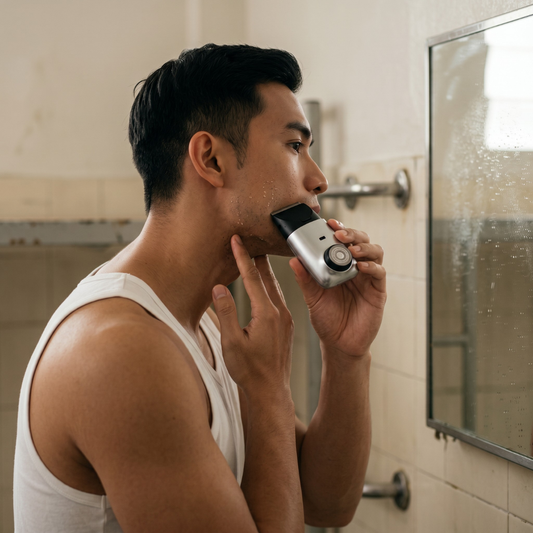NS grooming guide Singapore, a young Singaporean man shaving clean along his jaw with a silver Blubird Hummingbird shaver in a spartan bunk washroom at dawn