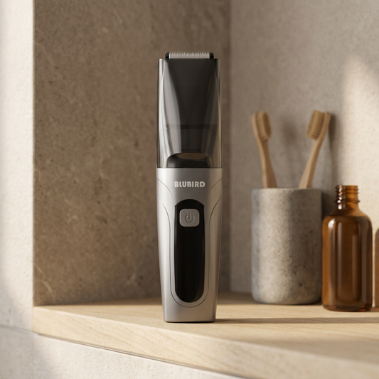 how to remove pubic hair for men, a Blubird Suckaa silver vacuum below-the-belt trimmer on a clean warm-lit bathroom shelf