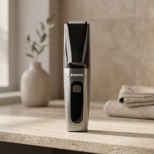 quiet groin trimmer Singapore, the Blubird Suckaa standing on a calm bathroom shelf in soft morning light