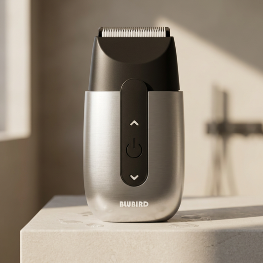 rotary vs foil shaver Singapore, the Blubird Hummingbird single-head rotary shaver on a warm-lit bathroom shelf